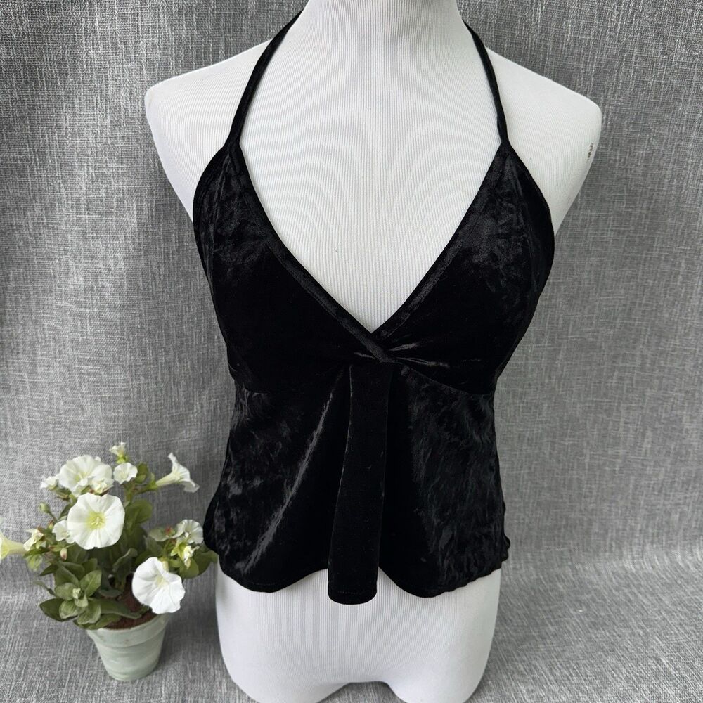 Don't Ask Why Black Crushed Velvet Halter Top One Sz O/S Tie Back Made In Italy